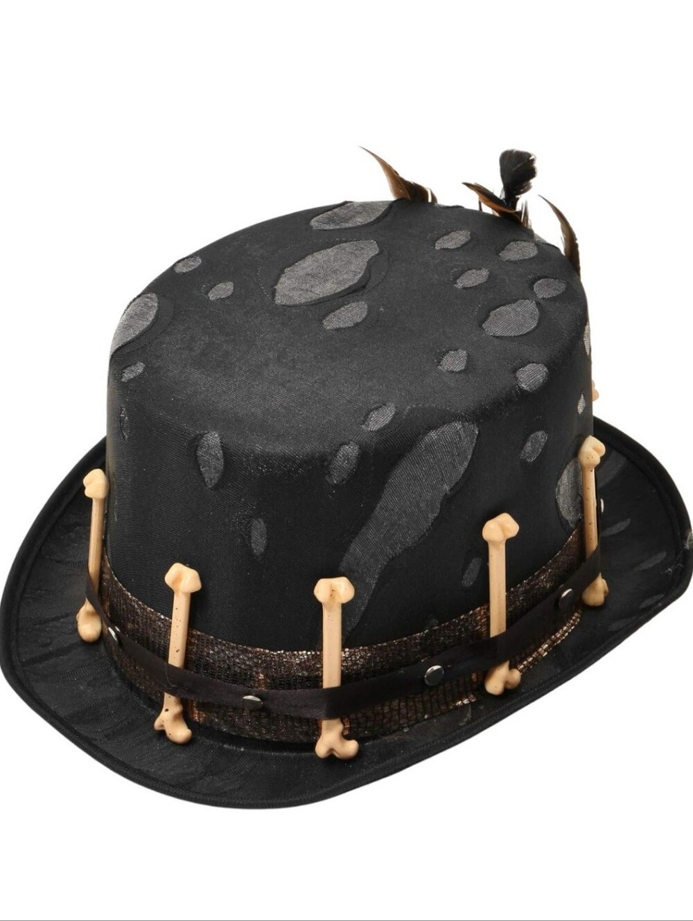 Black Gothic Skull Feather Bone Top Hat - Men Women Unisex Accessories - Picture 4 of 8
